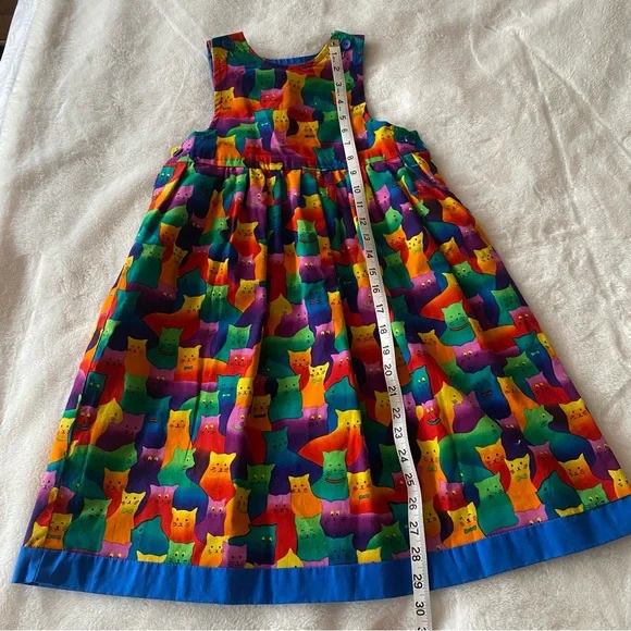 Vintage 90s handmade 100% cotton colorful rainbow cat print girl’s dress jumper - Picture 10 of 15